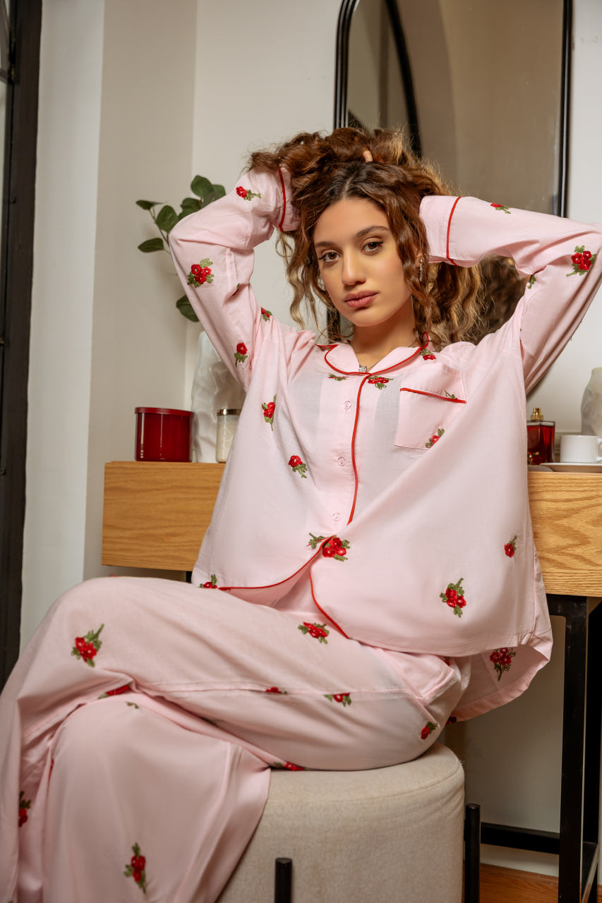 Vintage Rose Embroidered Cotton Pajama Set