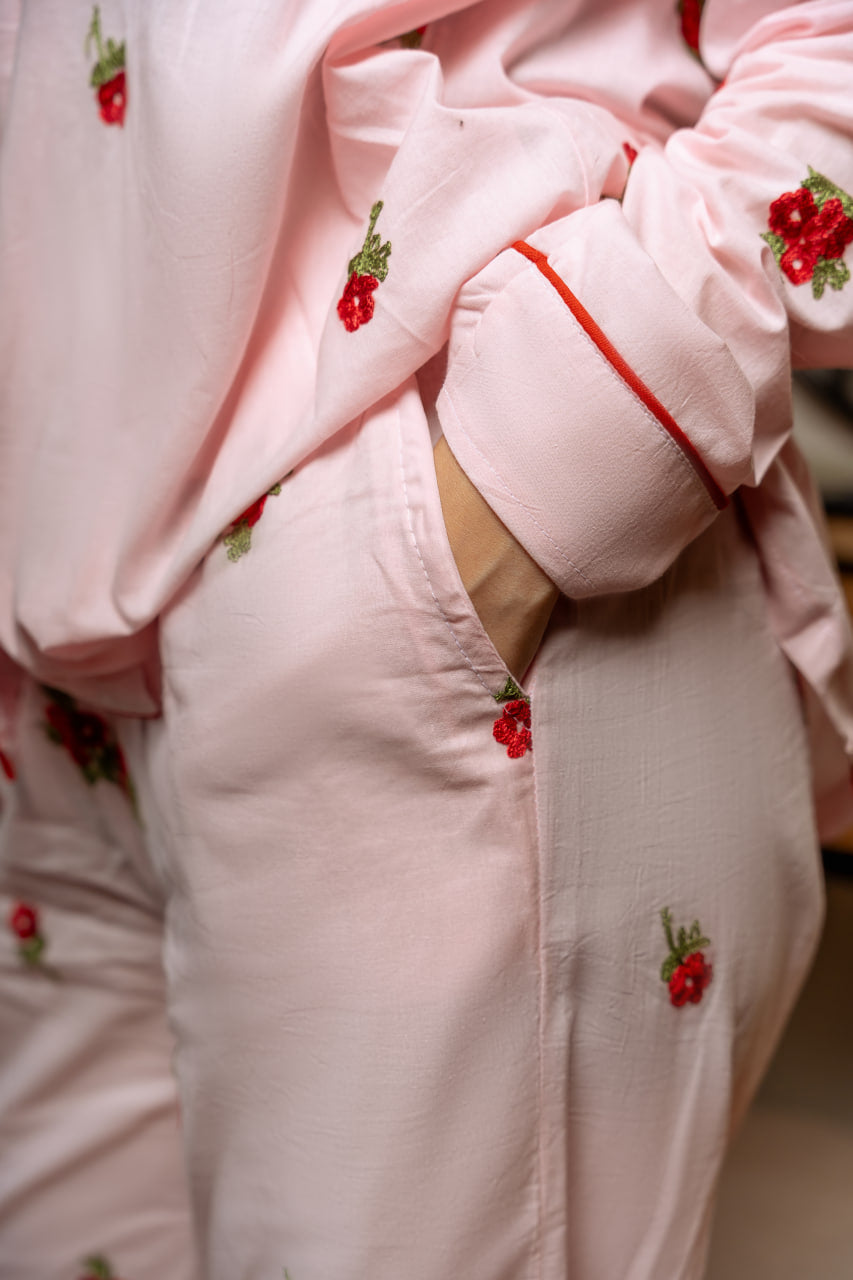 Vintage Rose Embroidered Cotton Pajama Set