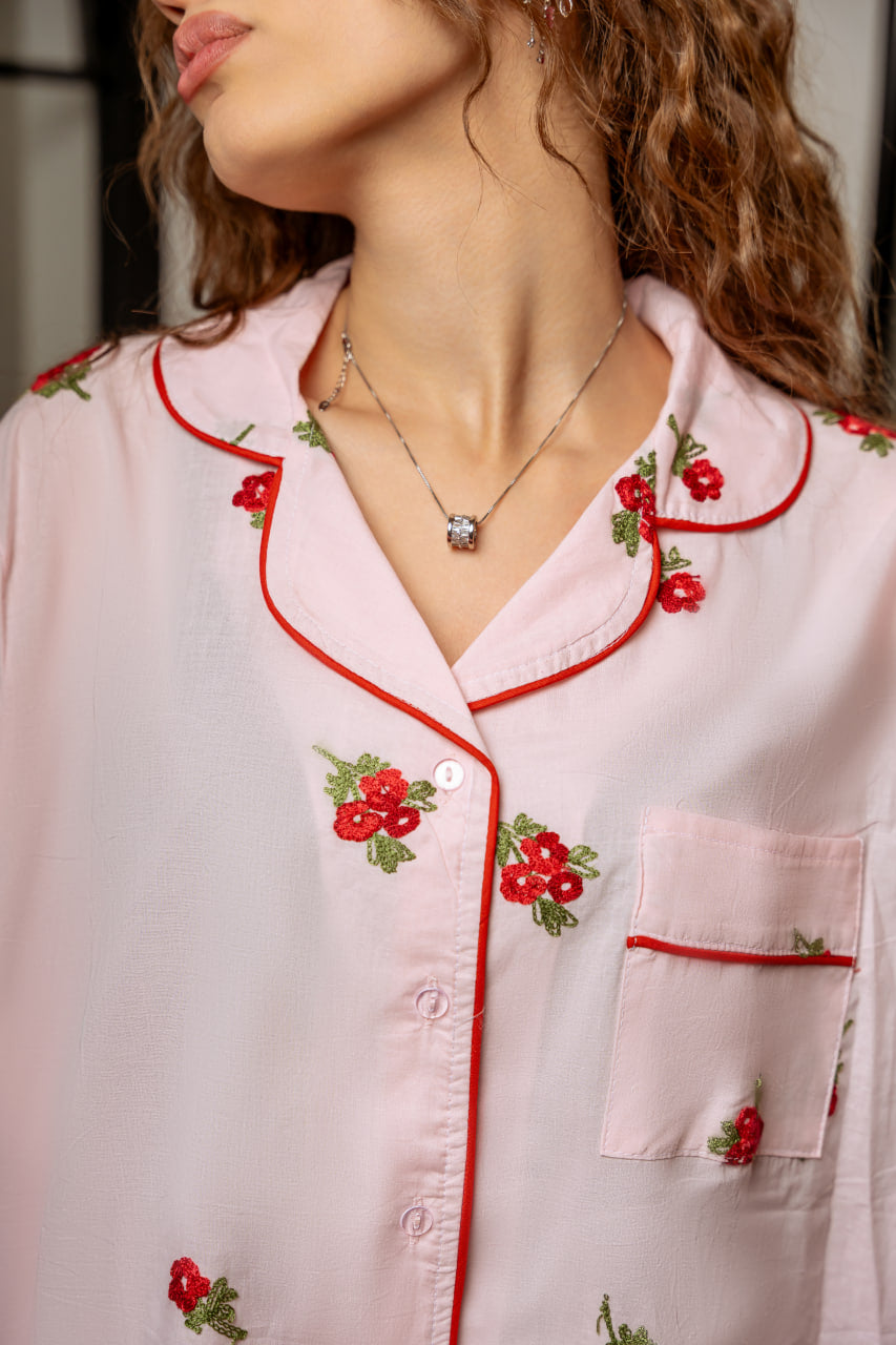 Vintage Rose Embroidered Cotton Pajama Set
