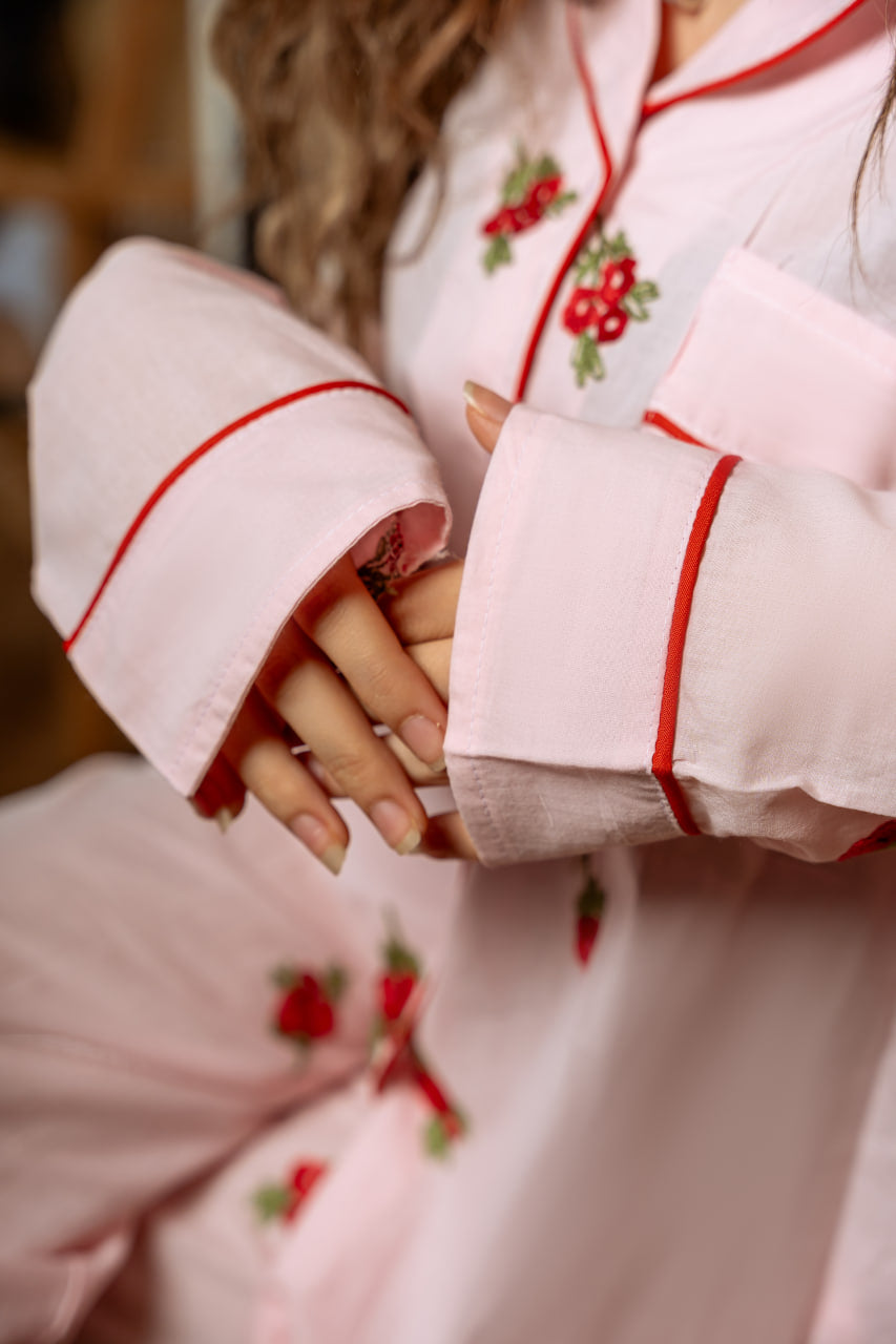 Vintage Rose Embroidered Cotton Pajama Set